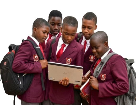 Five children looking at a tablet together.